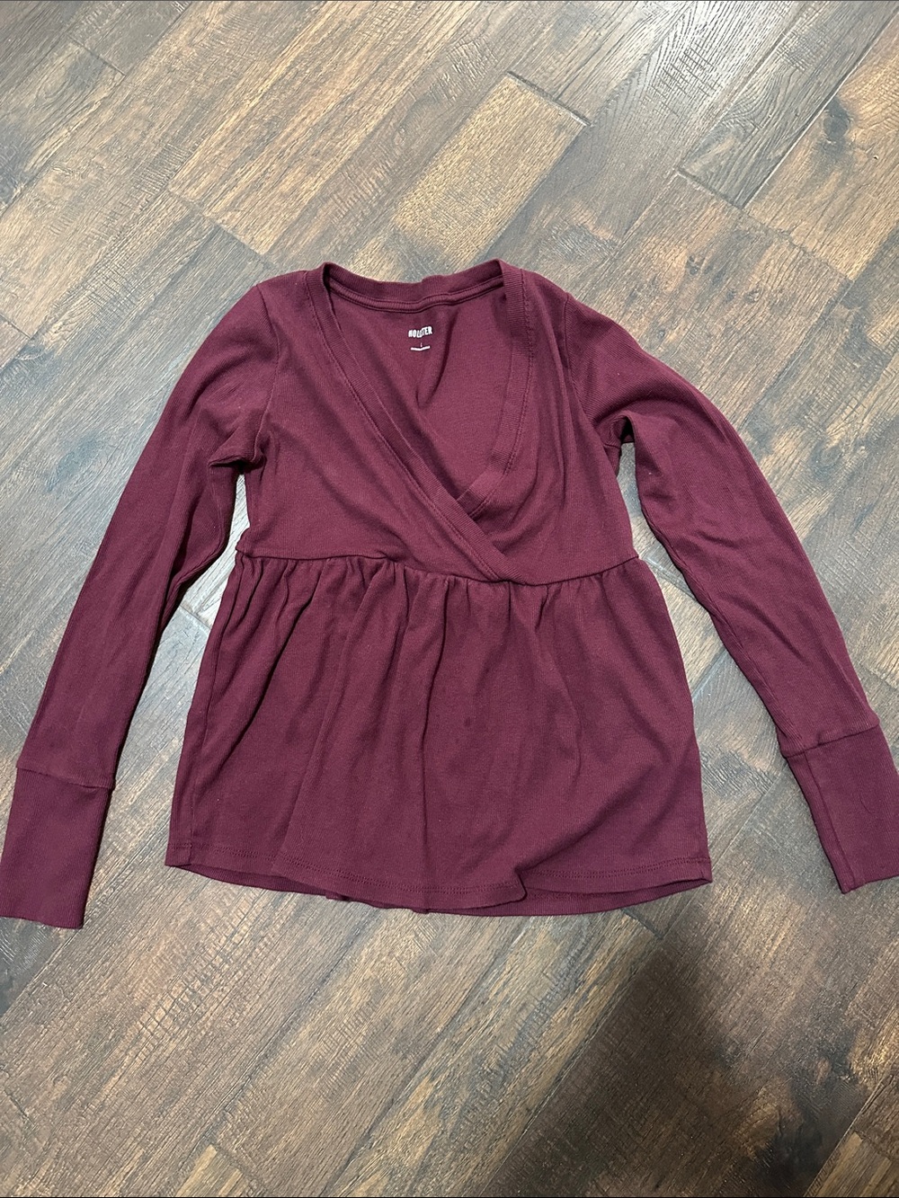 Hollister Wine Long Sleeve Wrap Peplum Top